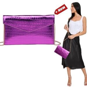 Moda Luxe metallic fuchsia pink croc embossed Katniss Envelope Clutch Purse NWT